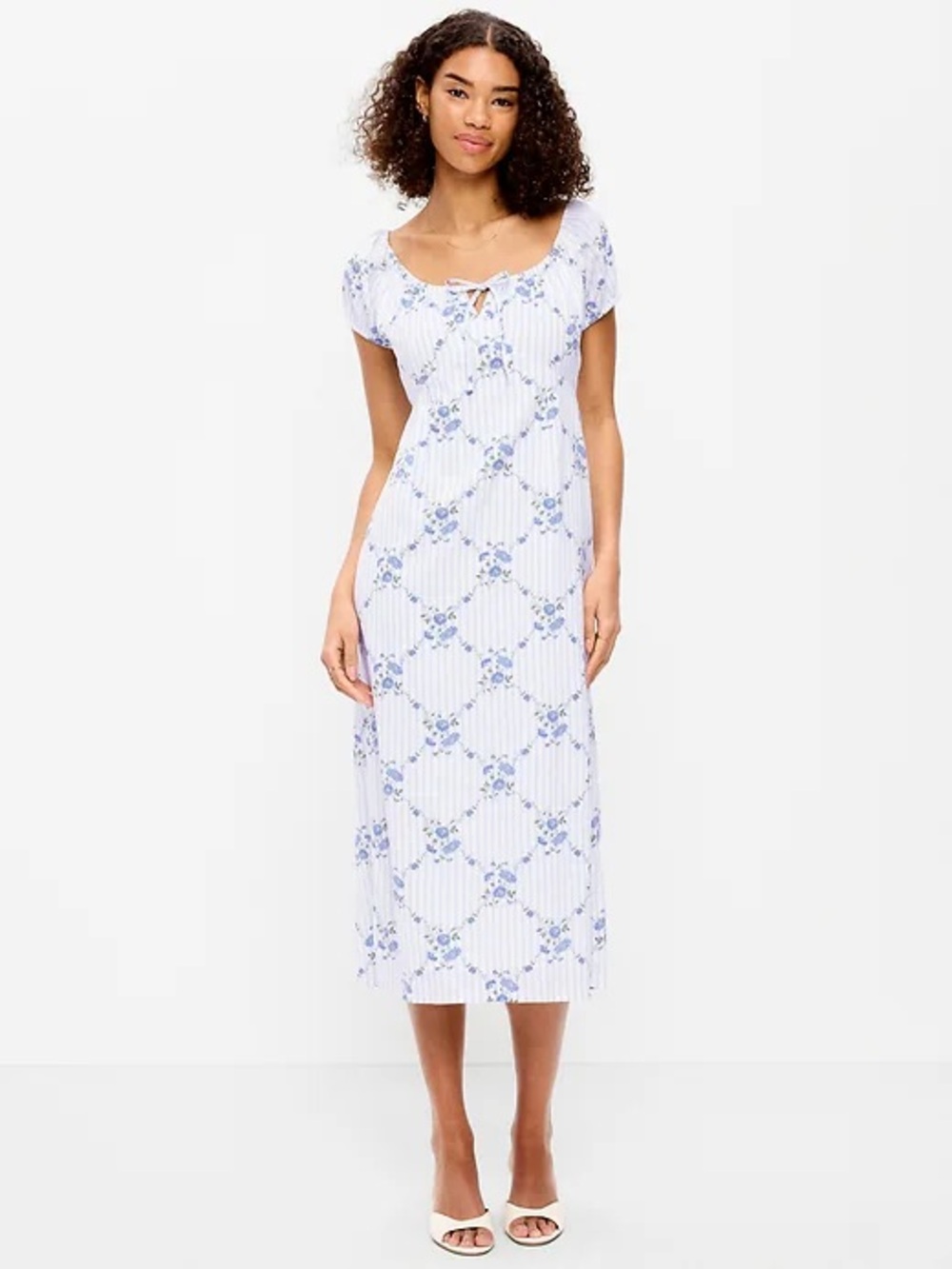 Old Navy Blue and White Striped Floral Milkmaid Dress